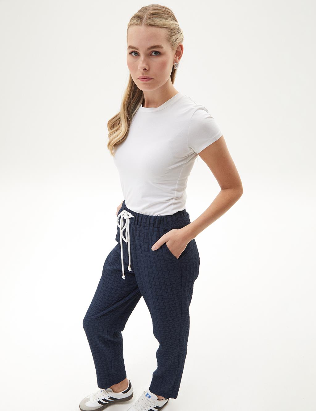 Elastic Waist Textured Trousers Navy Blue