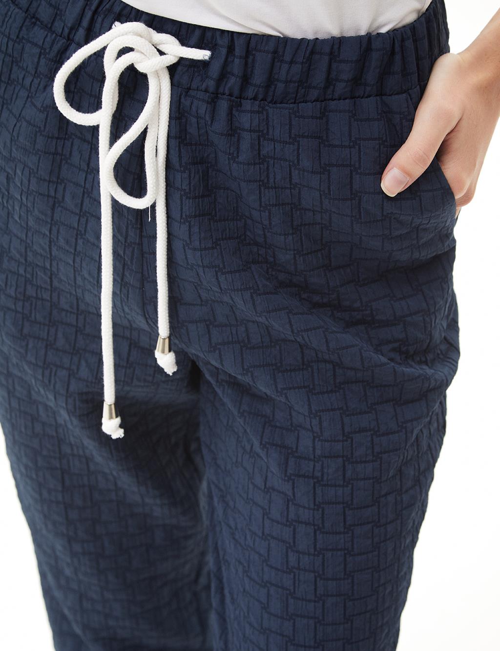 Elastic Waist Textured Trousers Navy Blue