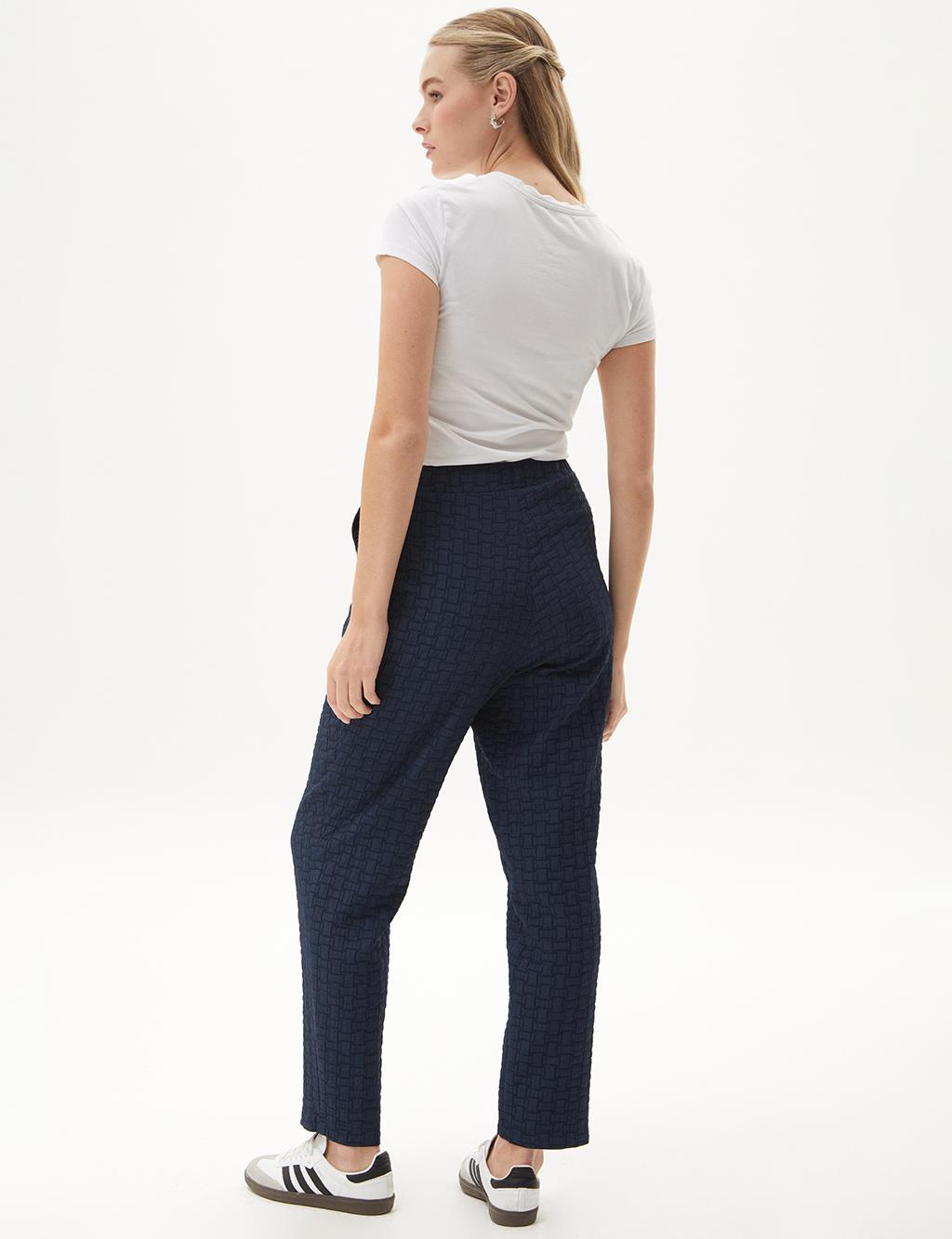 Elastic Waist Textured Trousers Navy Blue