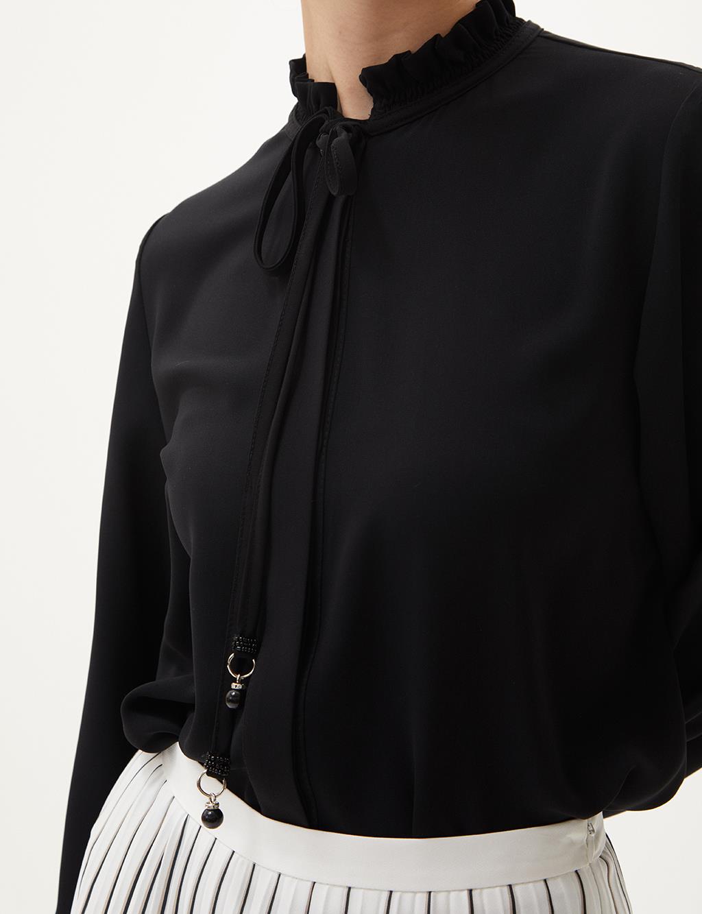 Ruffled High Neck Blouse Black