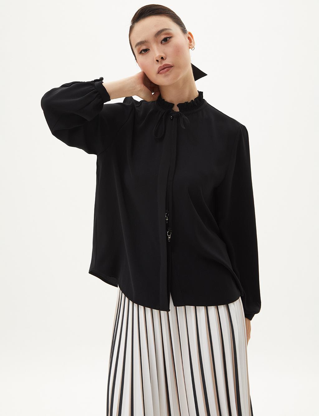 Ruffled High Neck Blouse Black