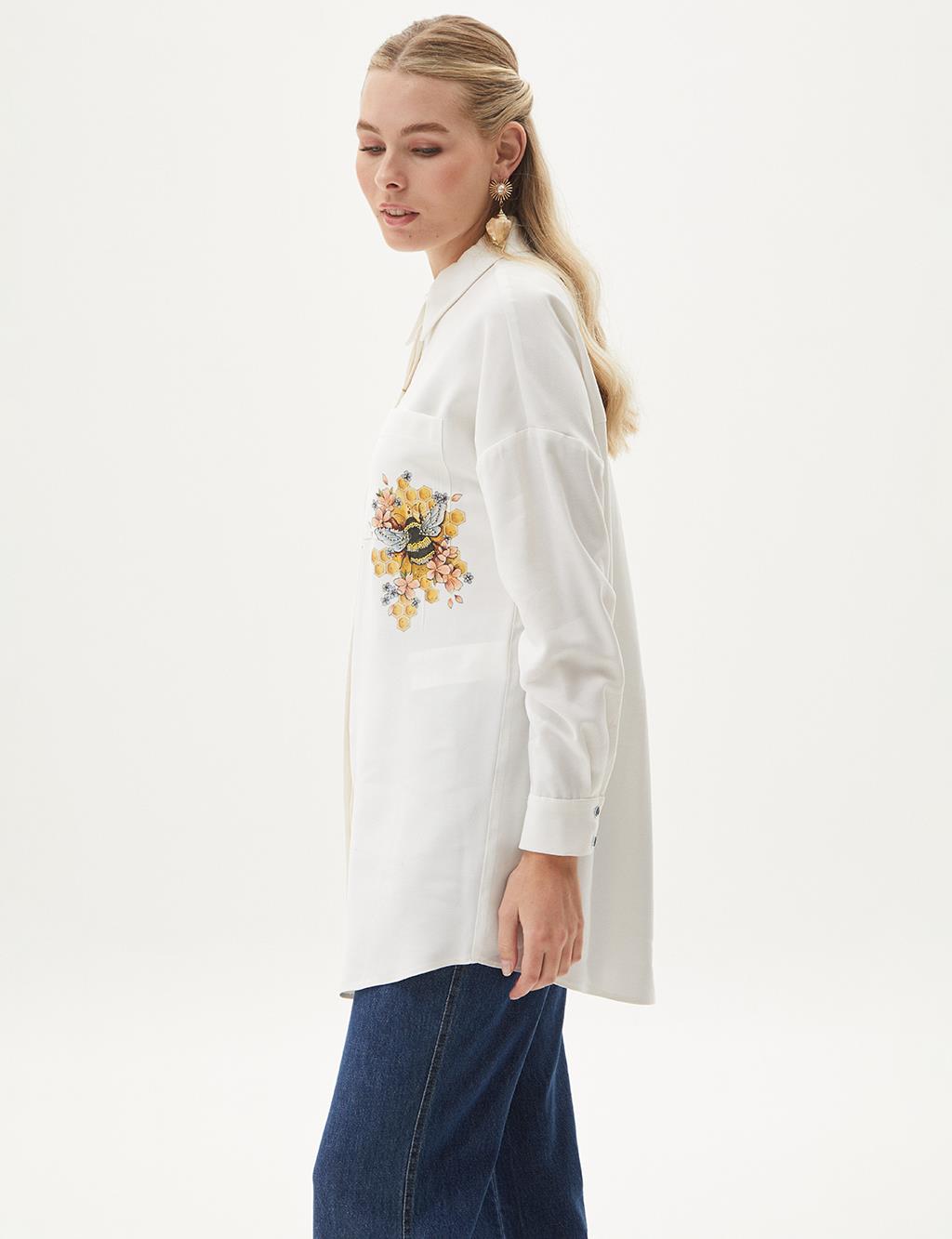 Detailed Processing Shirt Collar Rayon Tunic Ecru