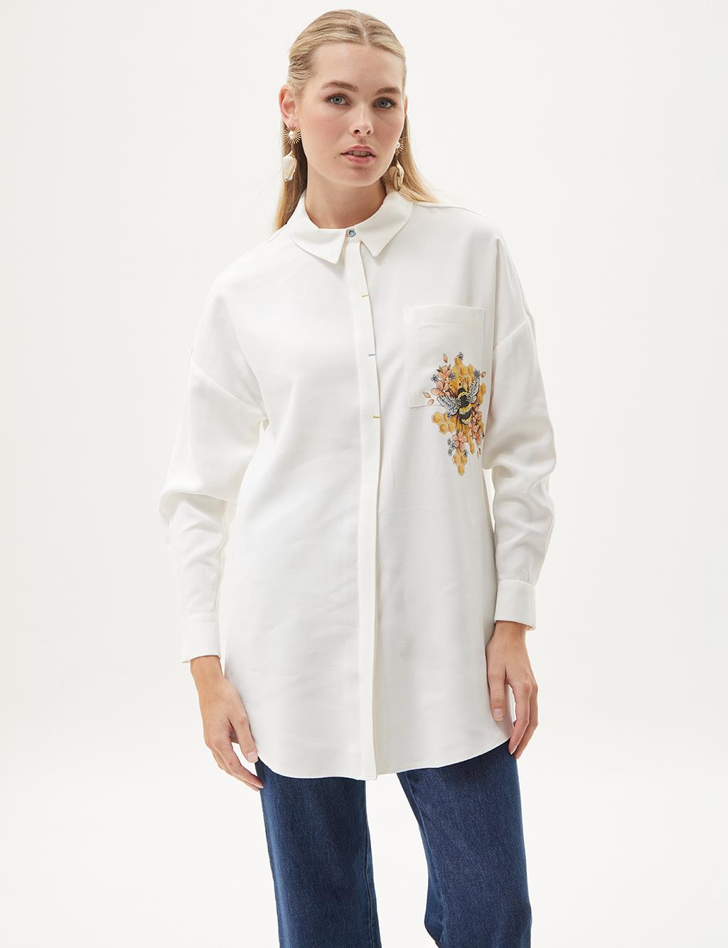 Detailed Processing Shirt Collar Rayon Tunic Ecru