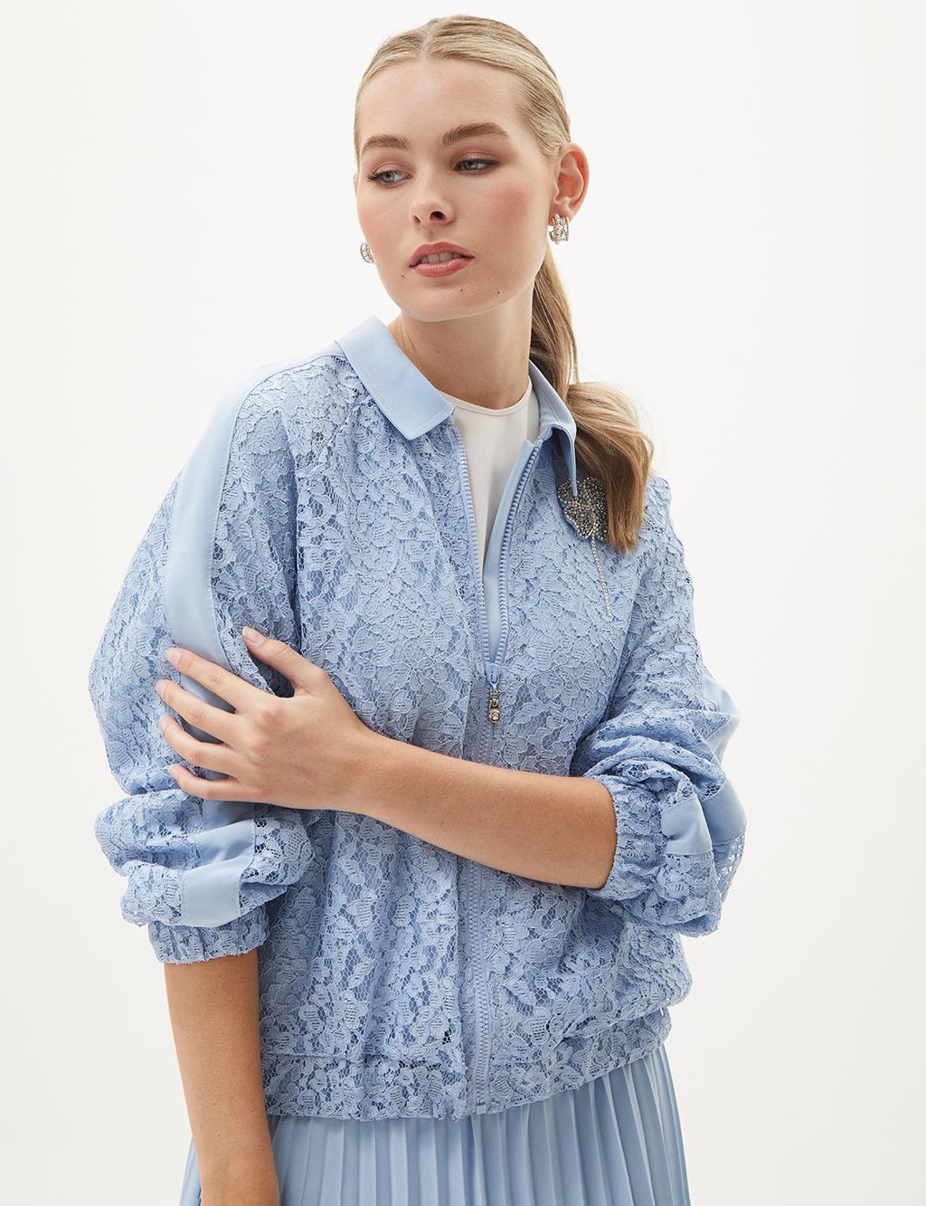 Lace Pattern Bomber Jacket Ice Blue