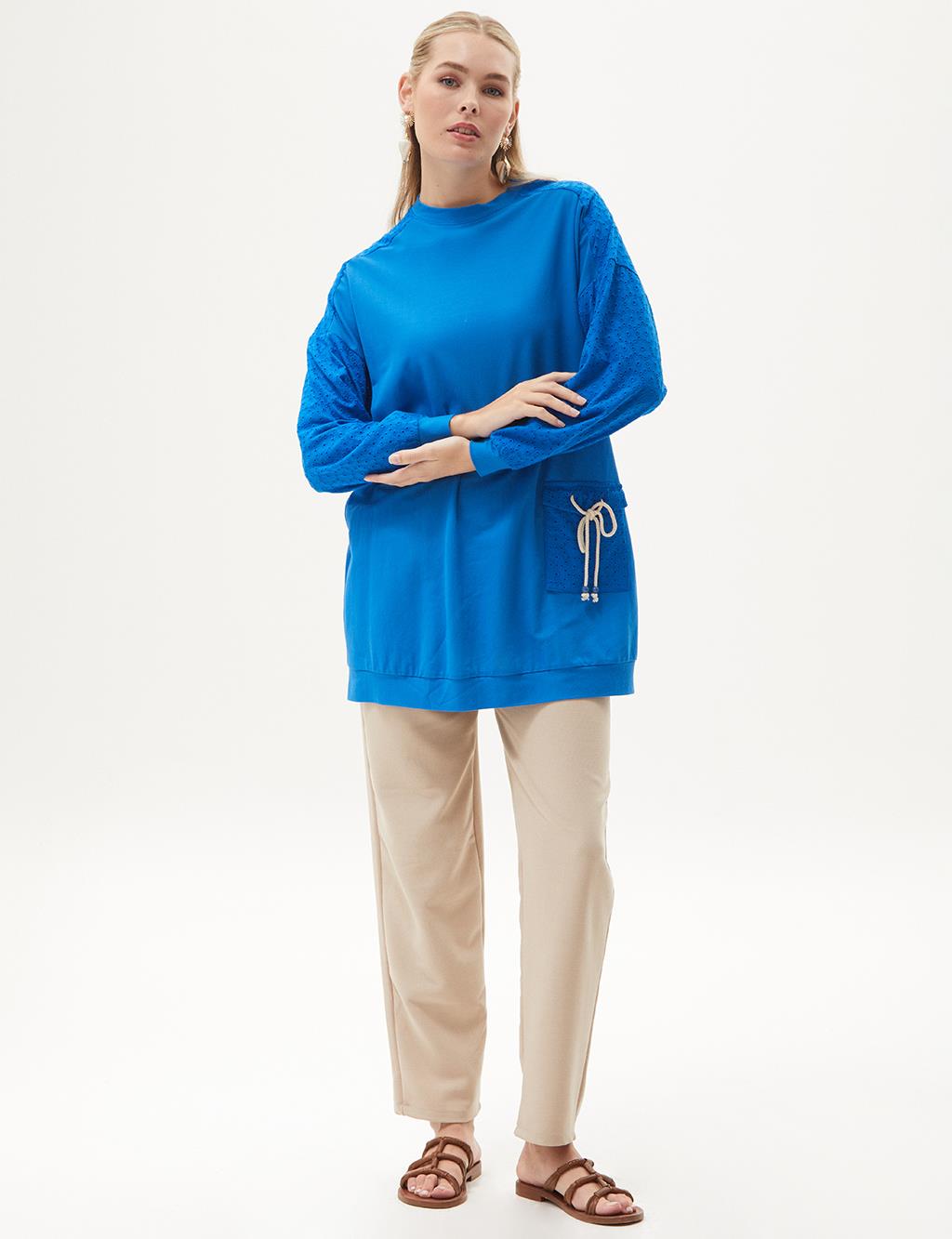 Embroidered Mix Crew Neck Tunic Cobalt Blue