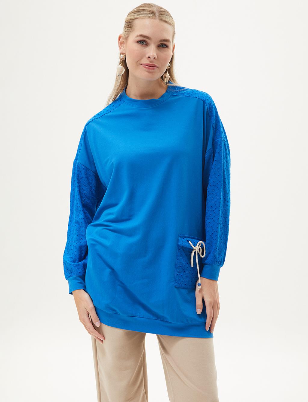 Embroidered Mix Crew Neck Tunic Cobalt Blue