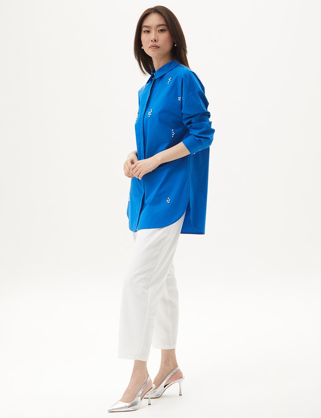 Stone Embroidered Poplin Tunic Cobalt Blue