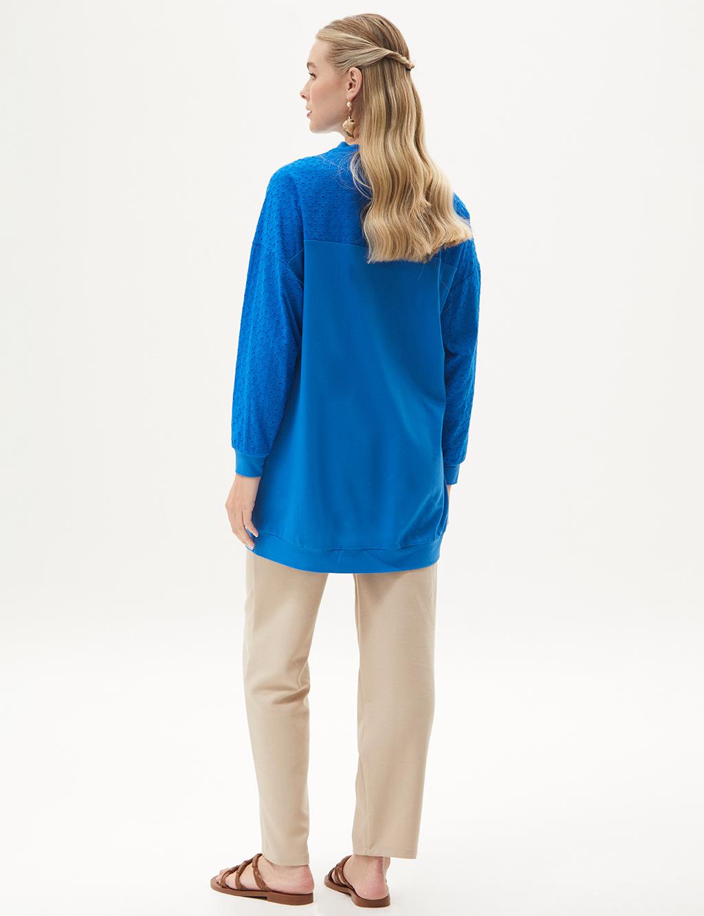 Embroidered Mix Crew Neck Tunic Cobalt Blue