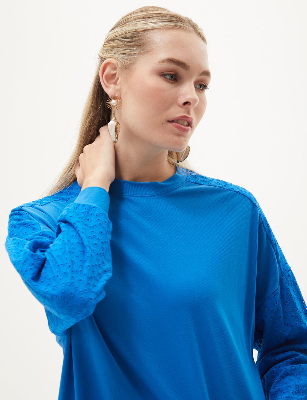 Embroidered Mix Crew Neck Tunic Cobalt Blue