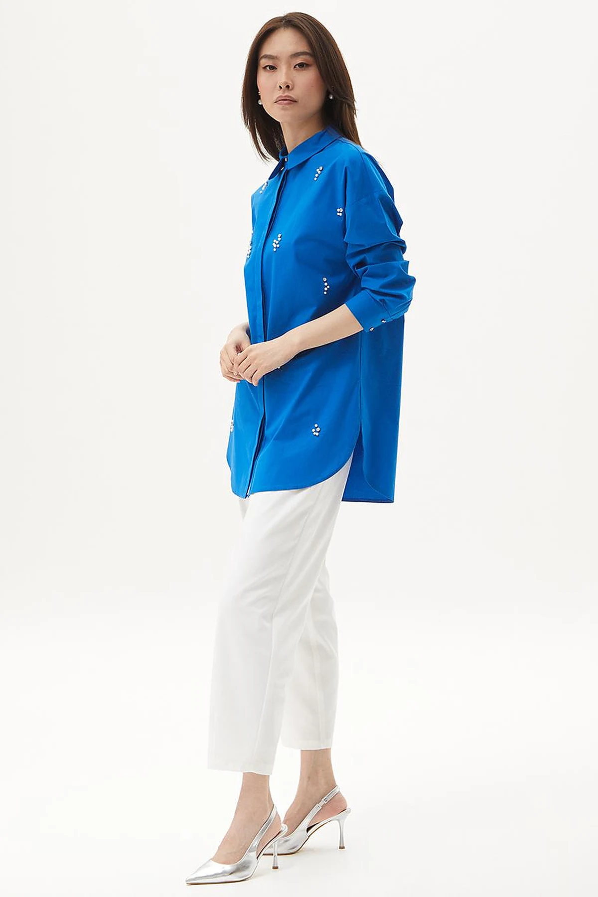 Stone Embellished Poplin Tunic Cobalt Blue