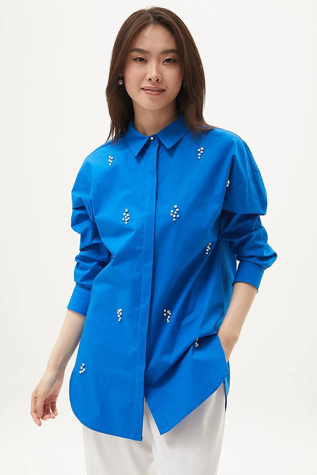 Stone Embellished Poplin Tunic Cobalt Blue