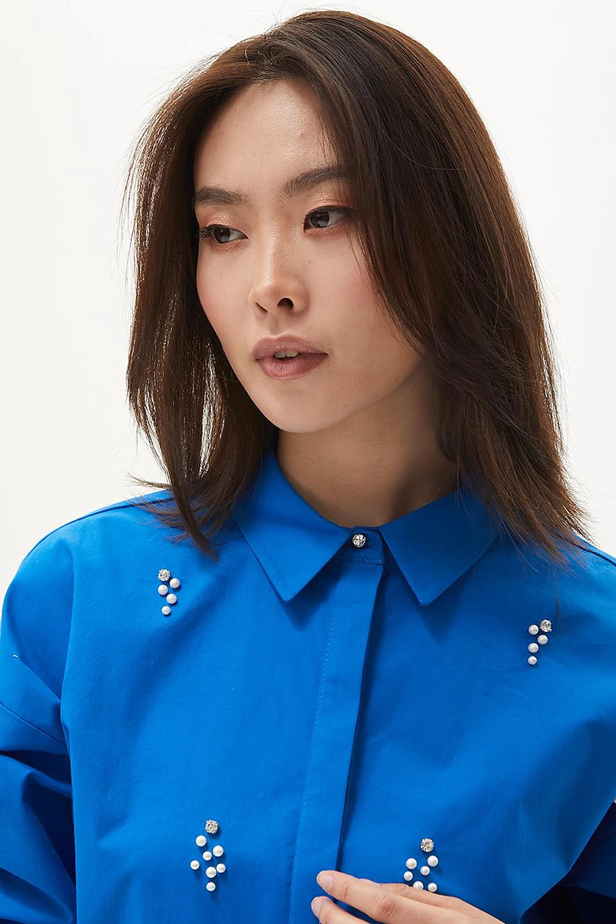 Stone Embellished Poplin Tunic Cobalt Blue
