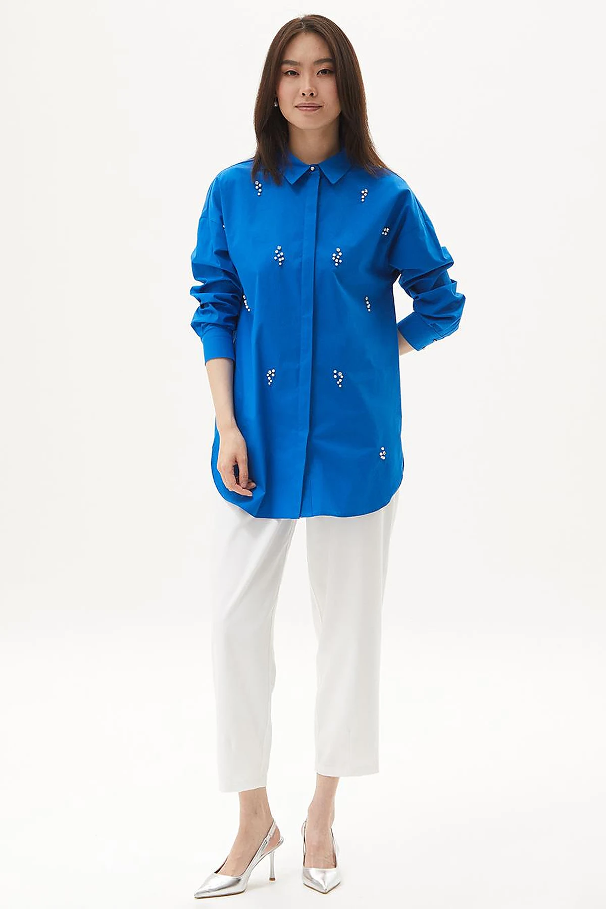 Stone Embellished Poplin Tunic Cobalt Blue