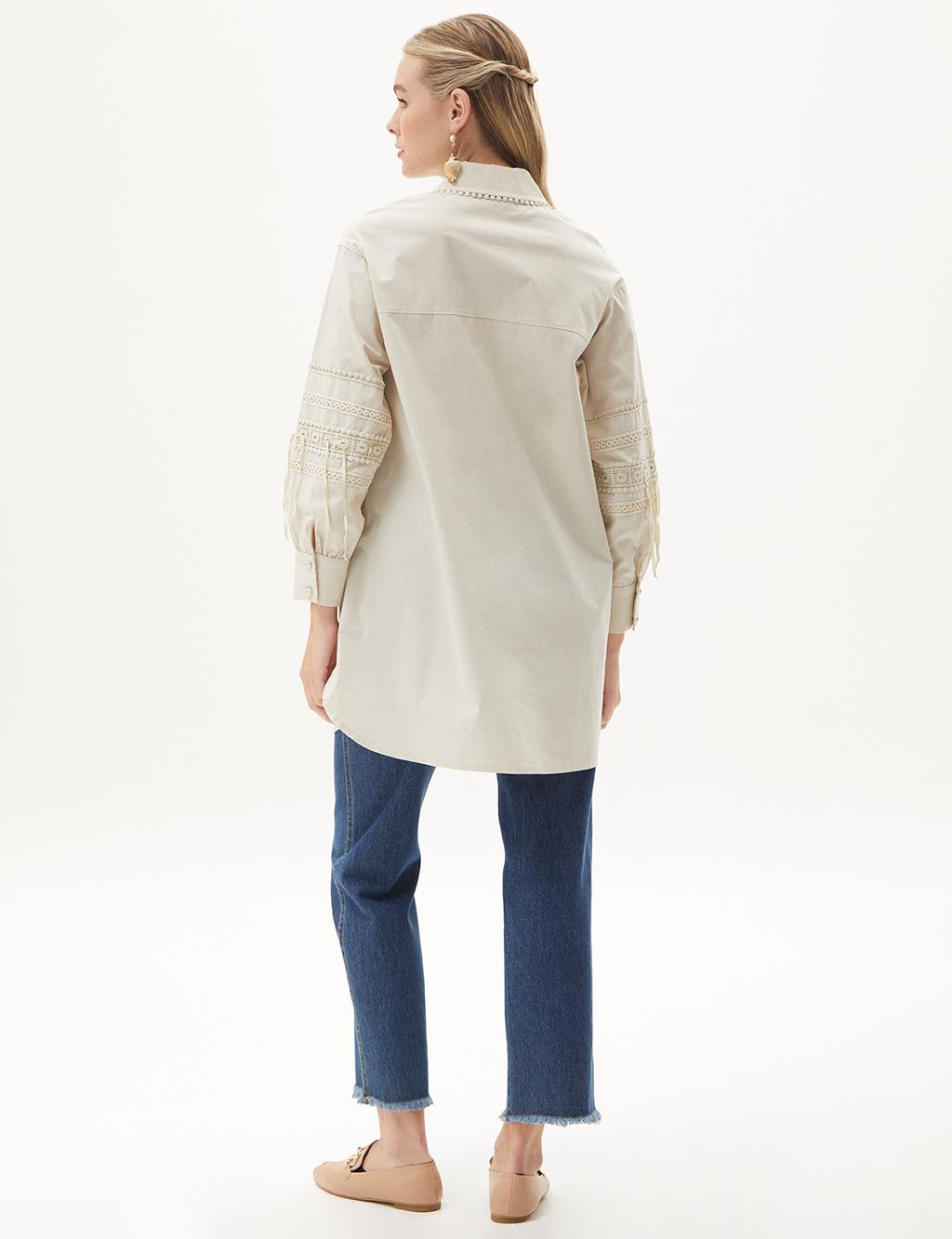 Ribbon Lace Detail Poplin Tunic Stone