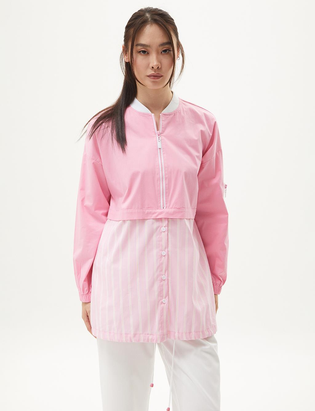 Half Zipper Closure Tunic Candy Pink