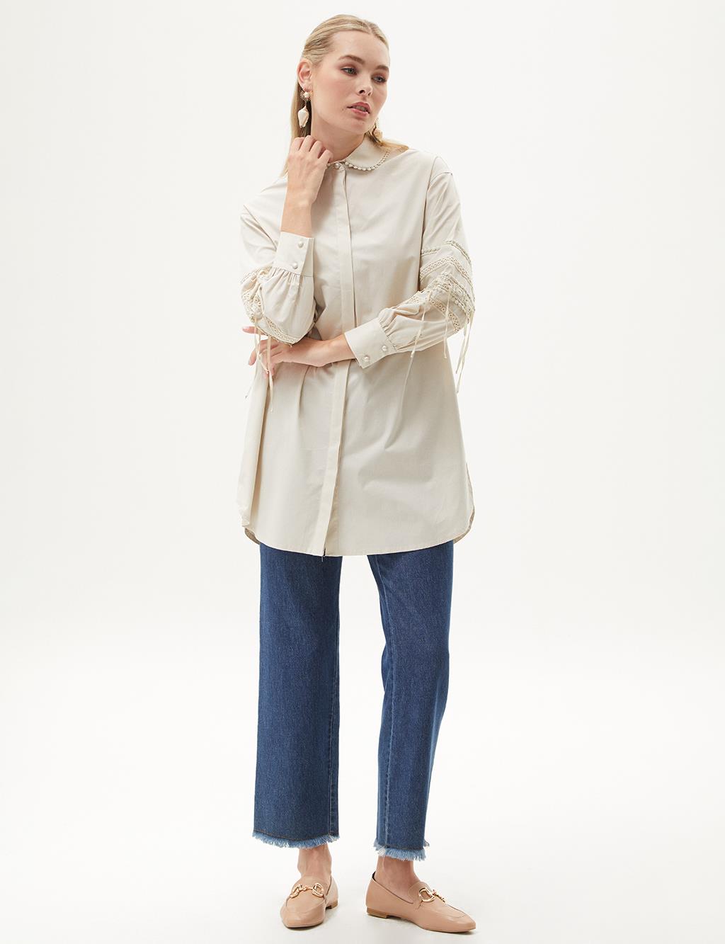 Stripe Lace Detailed Poplin Tunic Stone