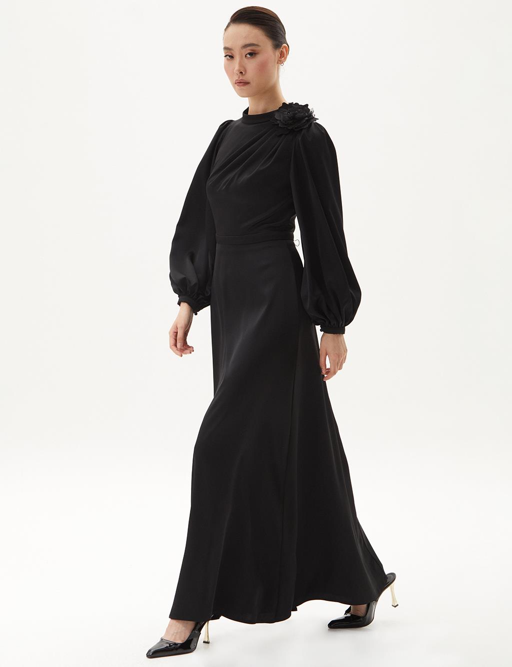 Rose Motif Satin Dress Black