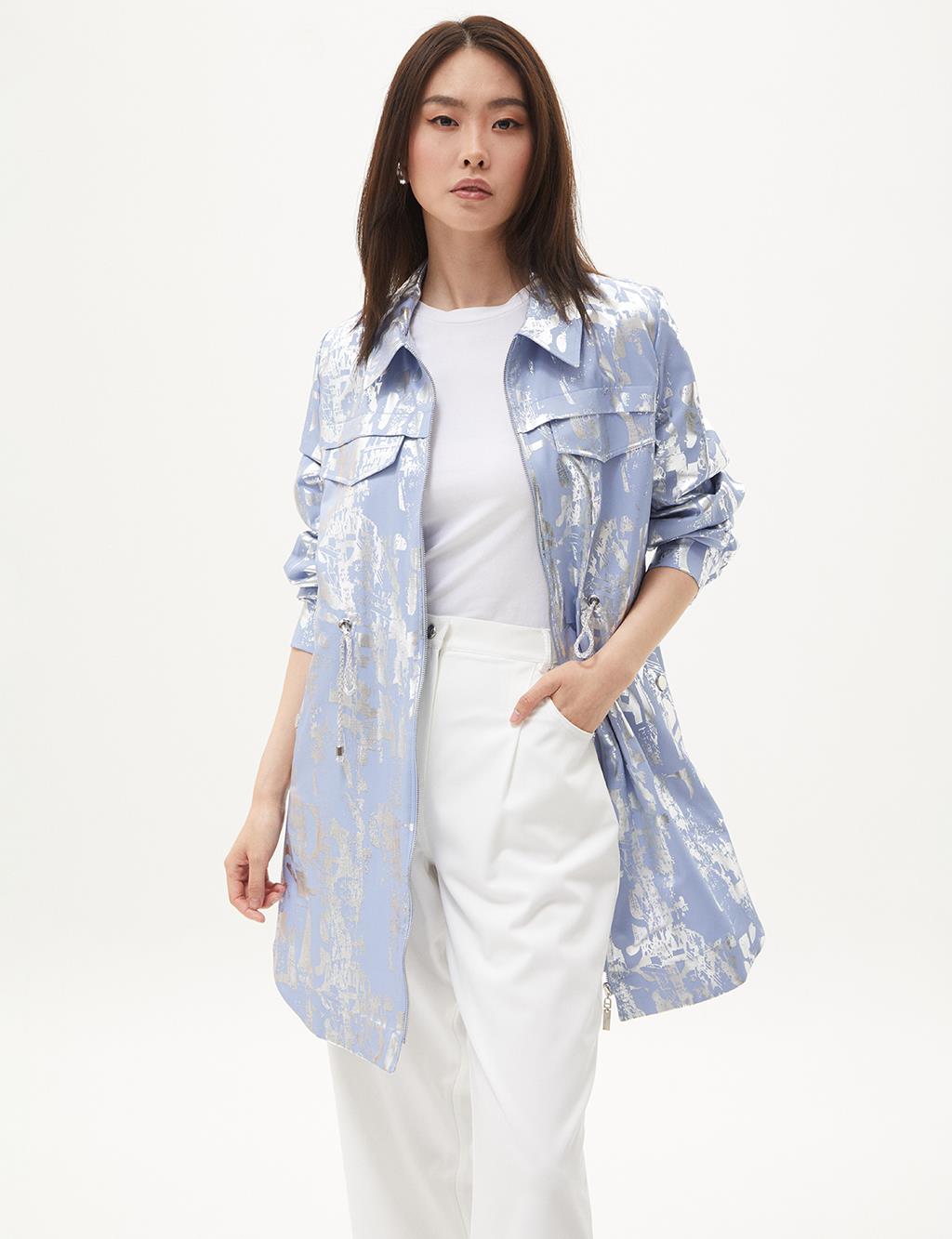 Foil Printed Cinched Waist Coat Aviator Blue