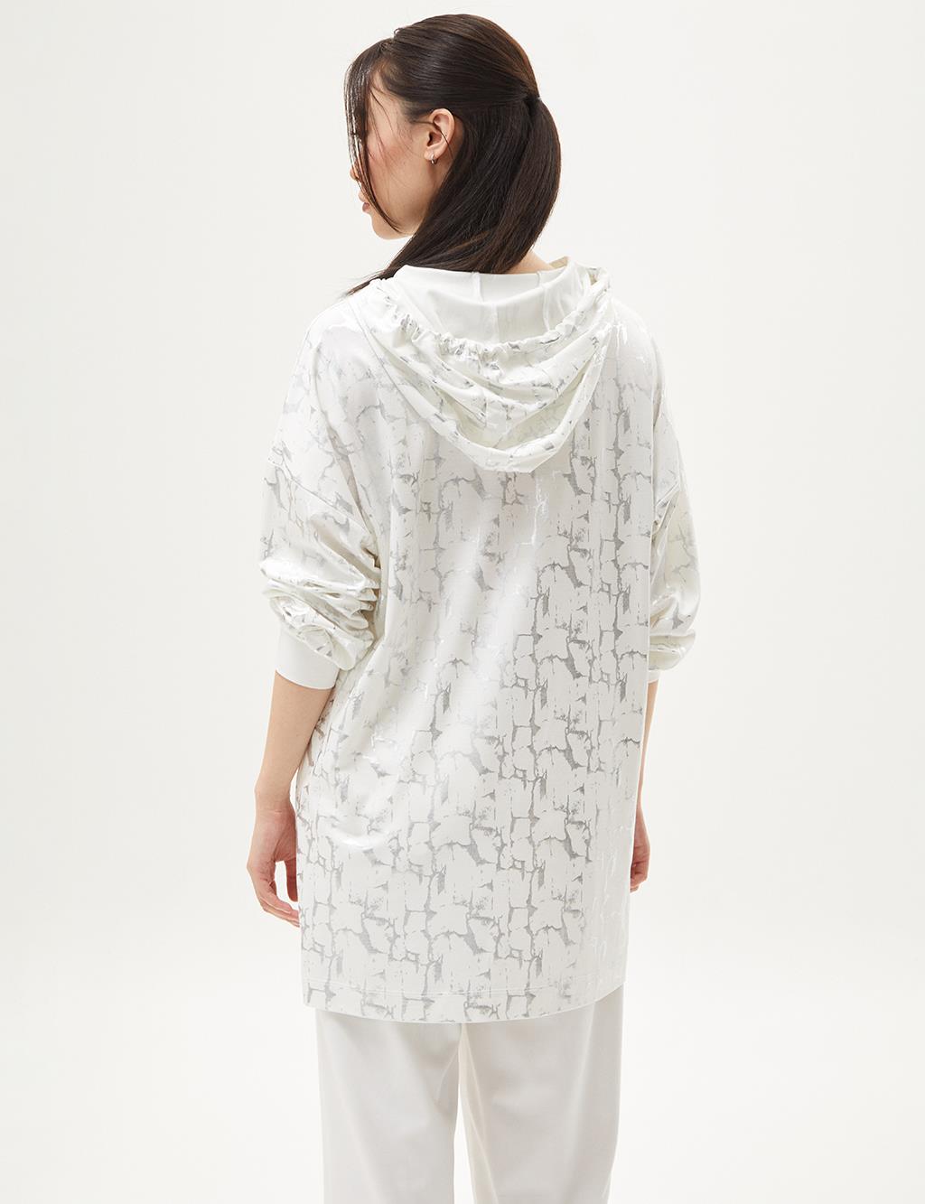 Foil Print Detailed Hooded Sweatshirt Optical White