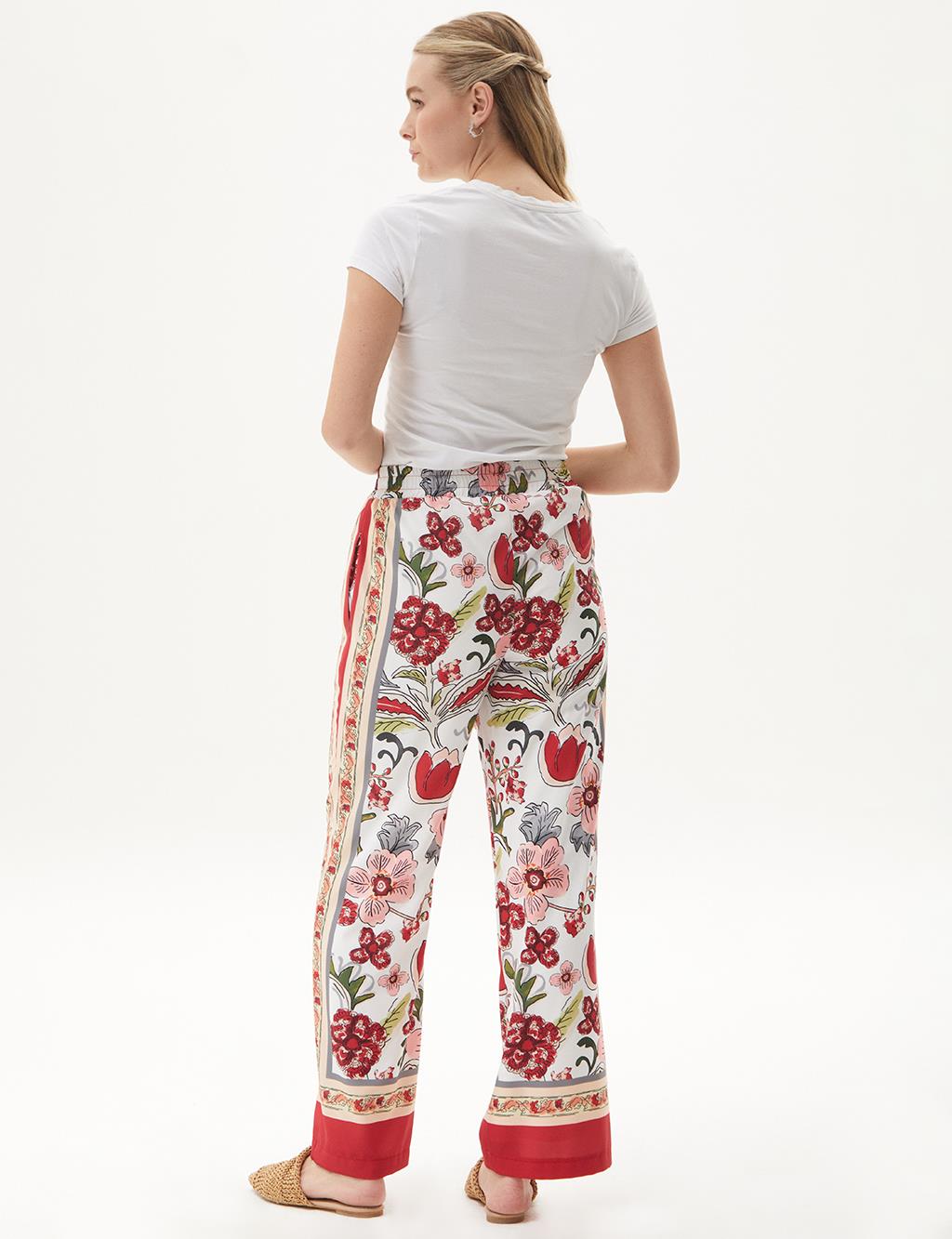 Ethnic Pattern Elastic Waist Wide Leg Trousers Red