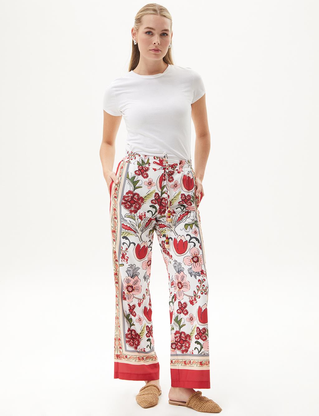 Ethnic Pattern Elastic Waist Wide Leg Trousers Red