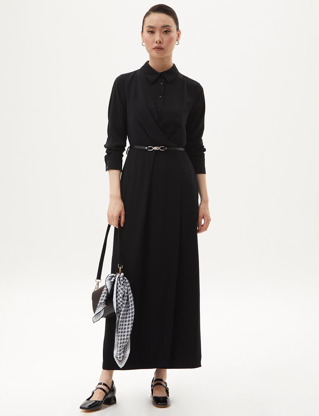 Half Placket Gathered Dress Black