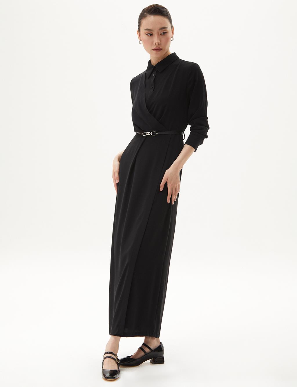 Half Placket Gathered Dress Black