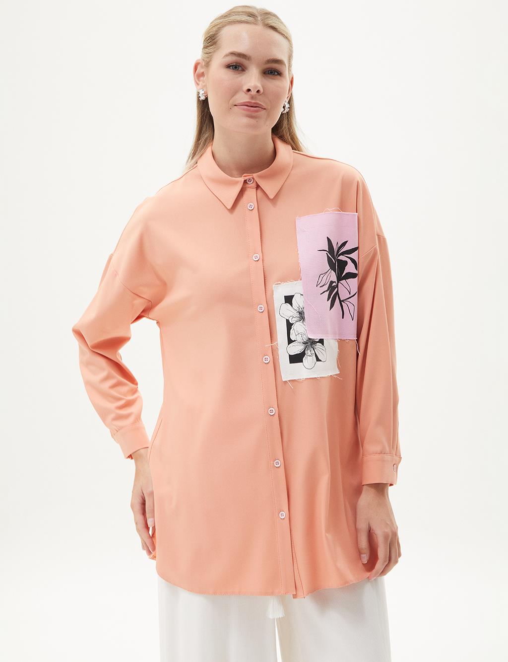 Print Detailed Shirt Collar Tunic Peach