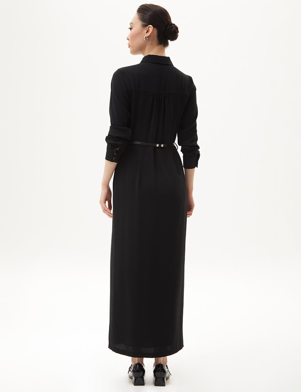 Half Placket Gathered Dress Black