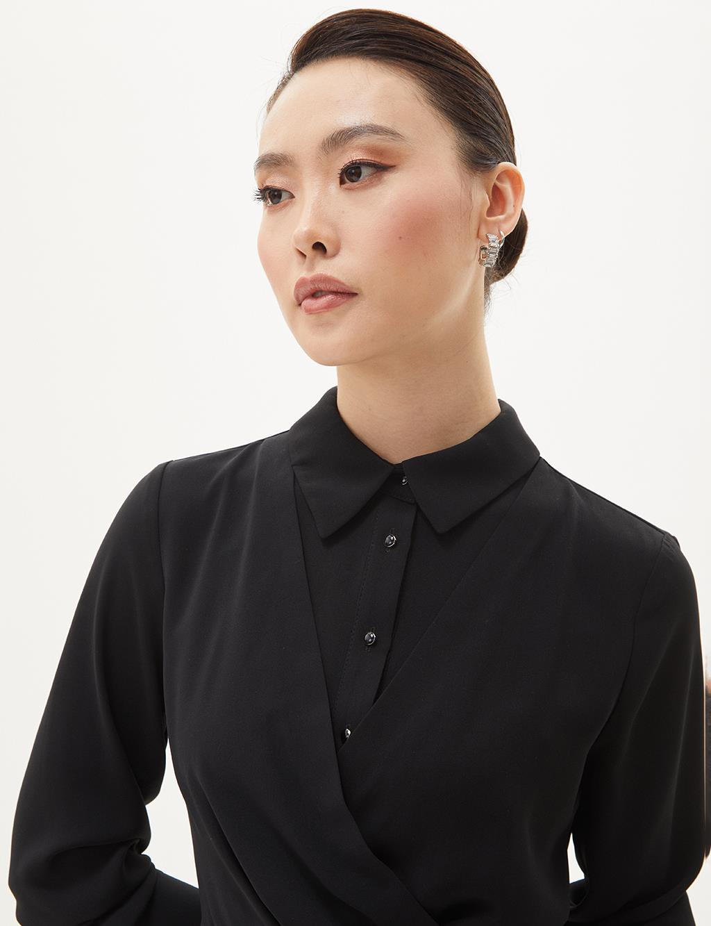 Half Placket Gathered Dress Black