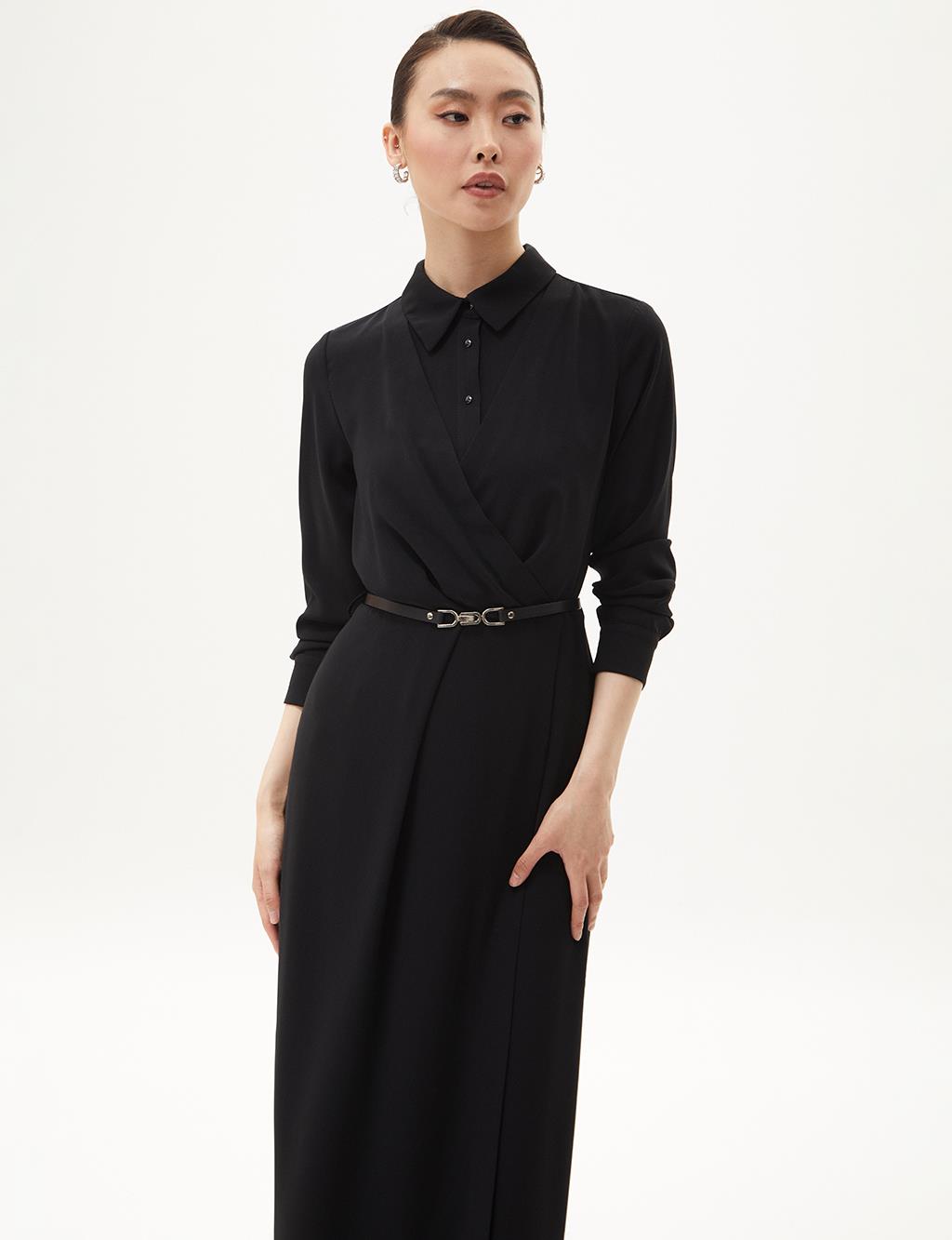 Half Placket Gathered Dress Black