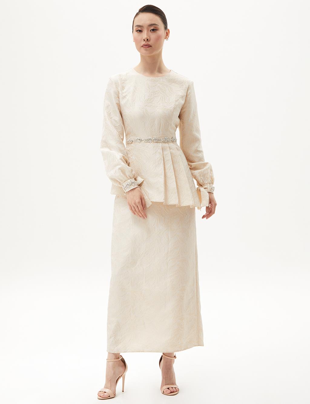 Jacquard Stone Embroidered Dress Cream