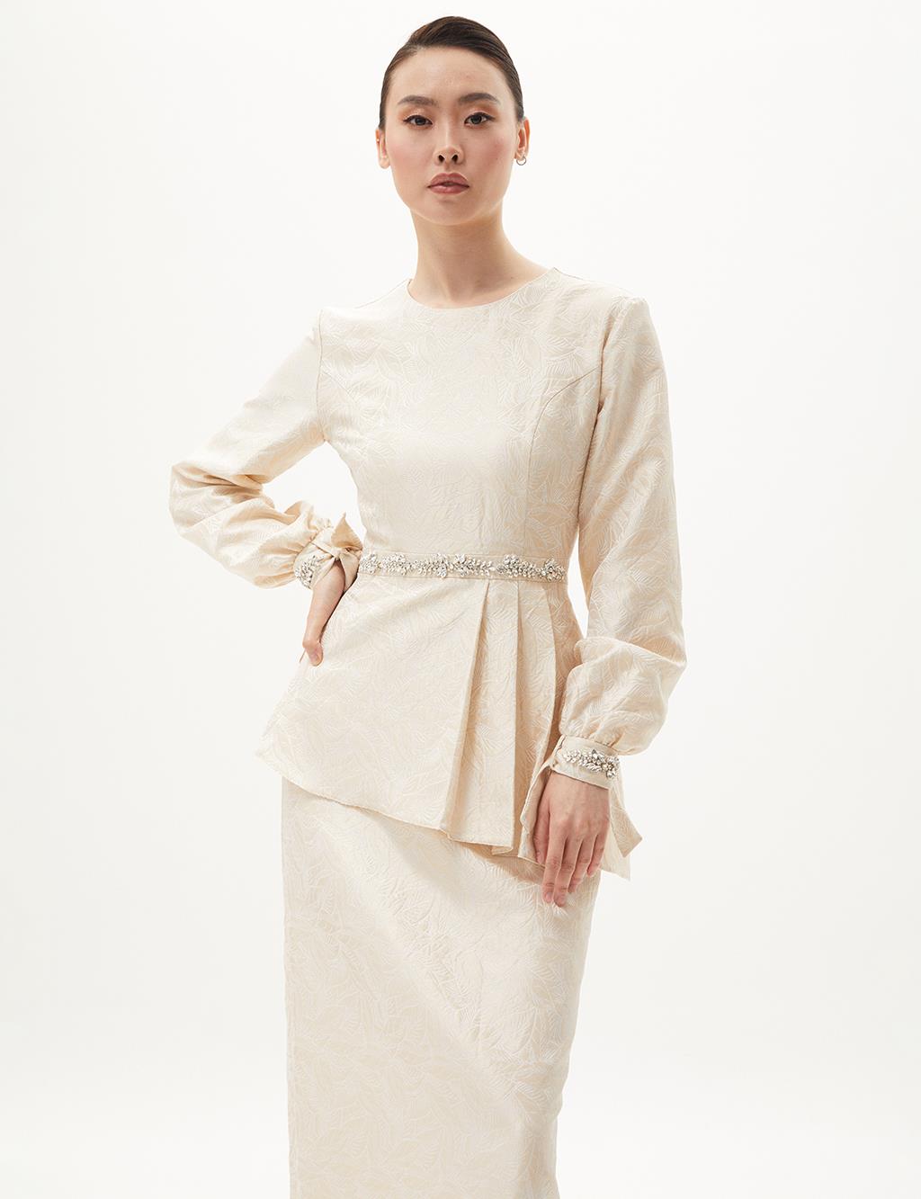 Jacquard Stone Embroidered Dress Cream