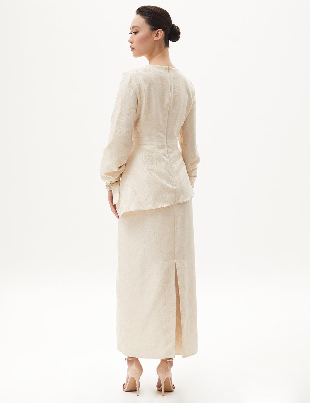 Jacquard Stone Embroidered Dress Cream