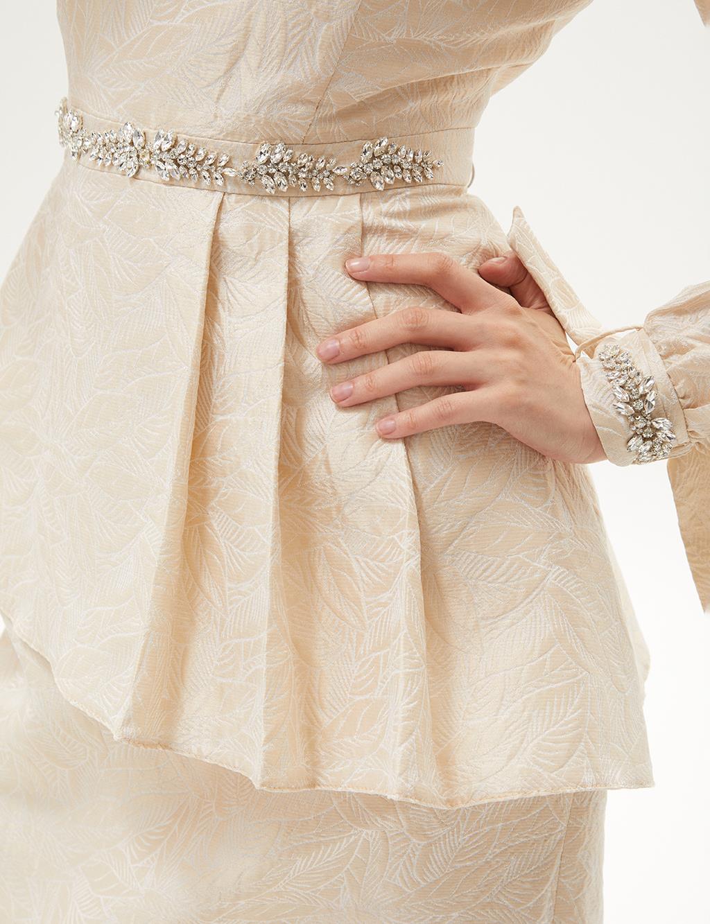 Jacquard Stone Embroidered Dress Cream