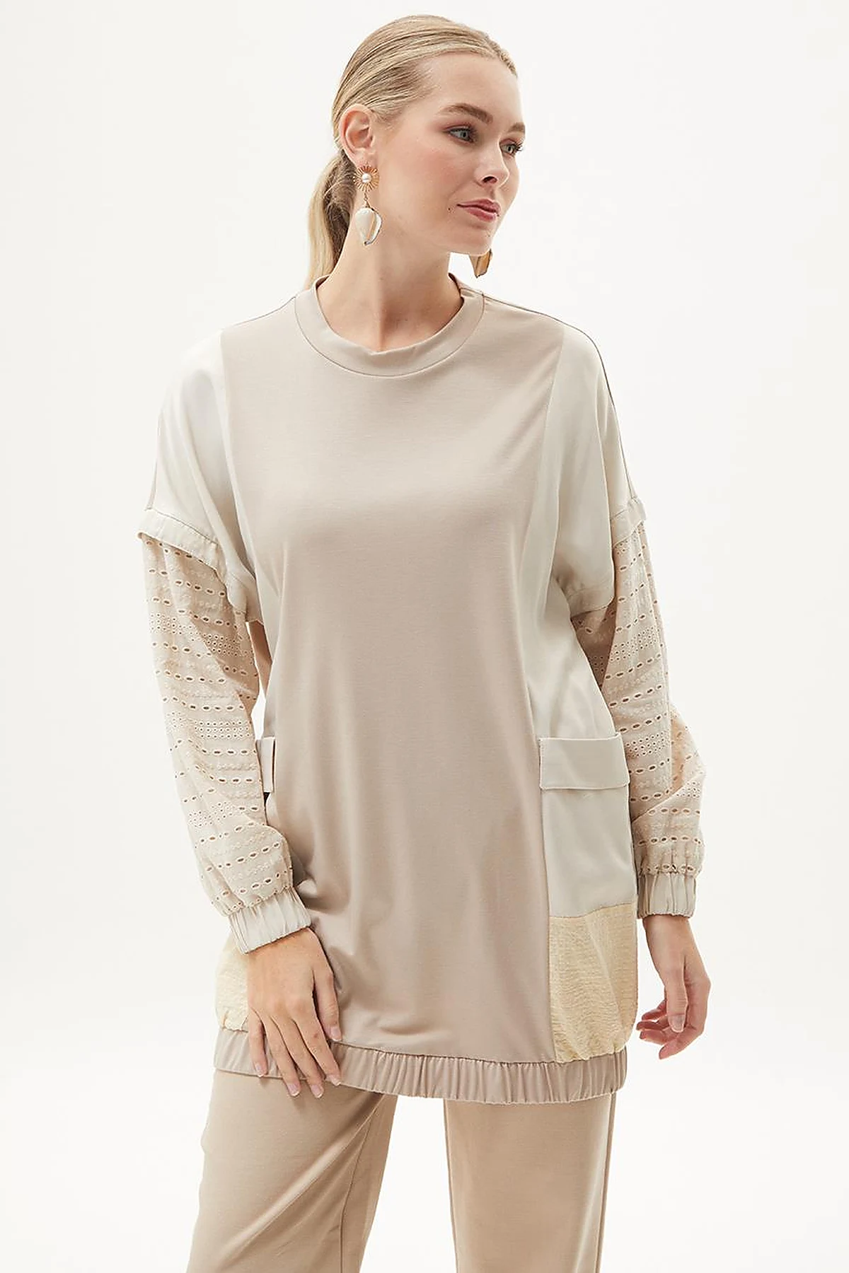  Pouch Pocket Embroidered Sweatshirt Stone