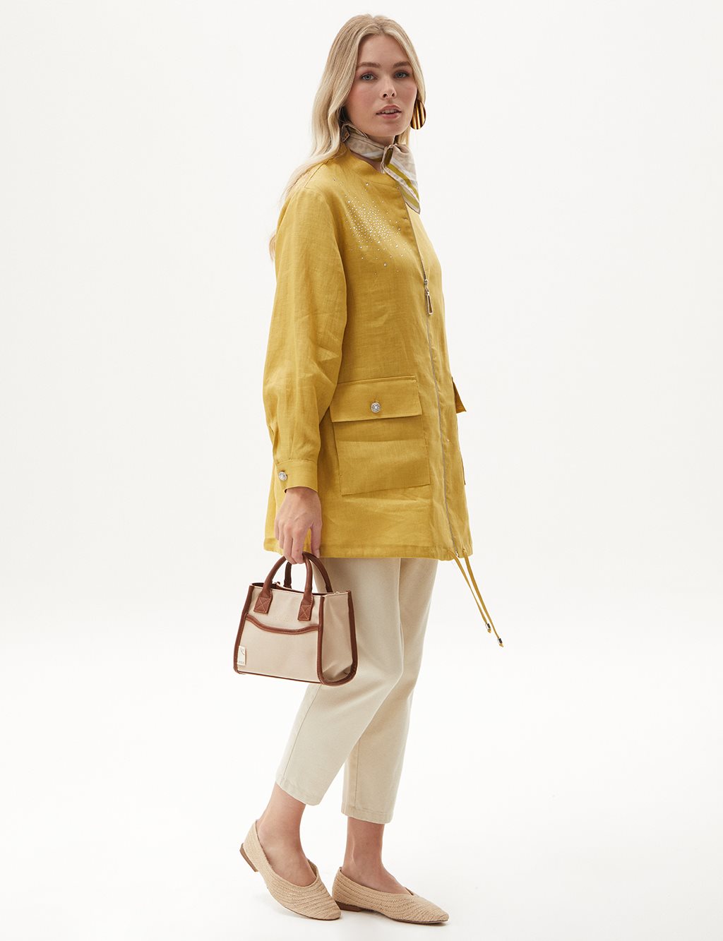 Leather Mixed Tote Bag Beige-Camel