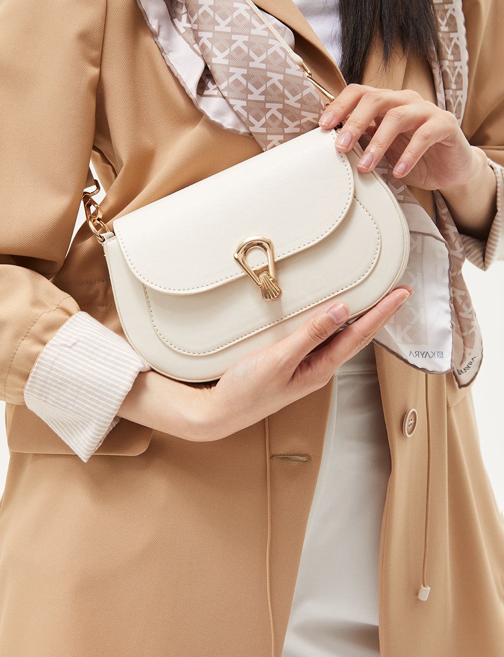 Shoulder Bag with Metal Buckle Cream