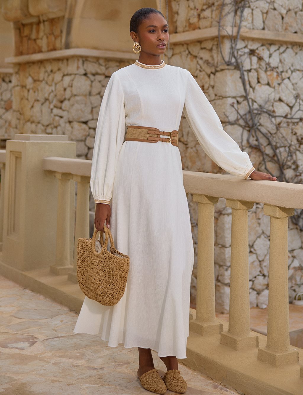 Striped Collar Belted Dress in Ecru 