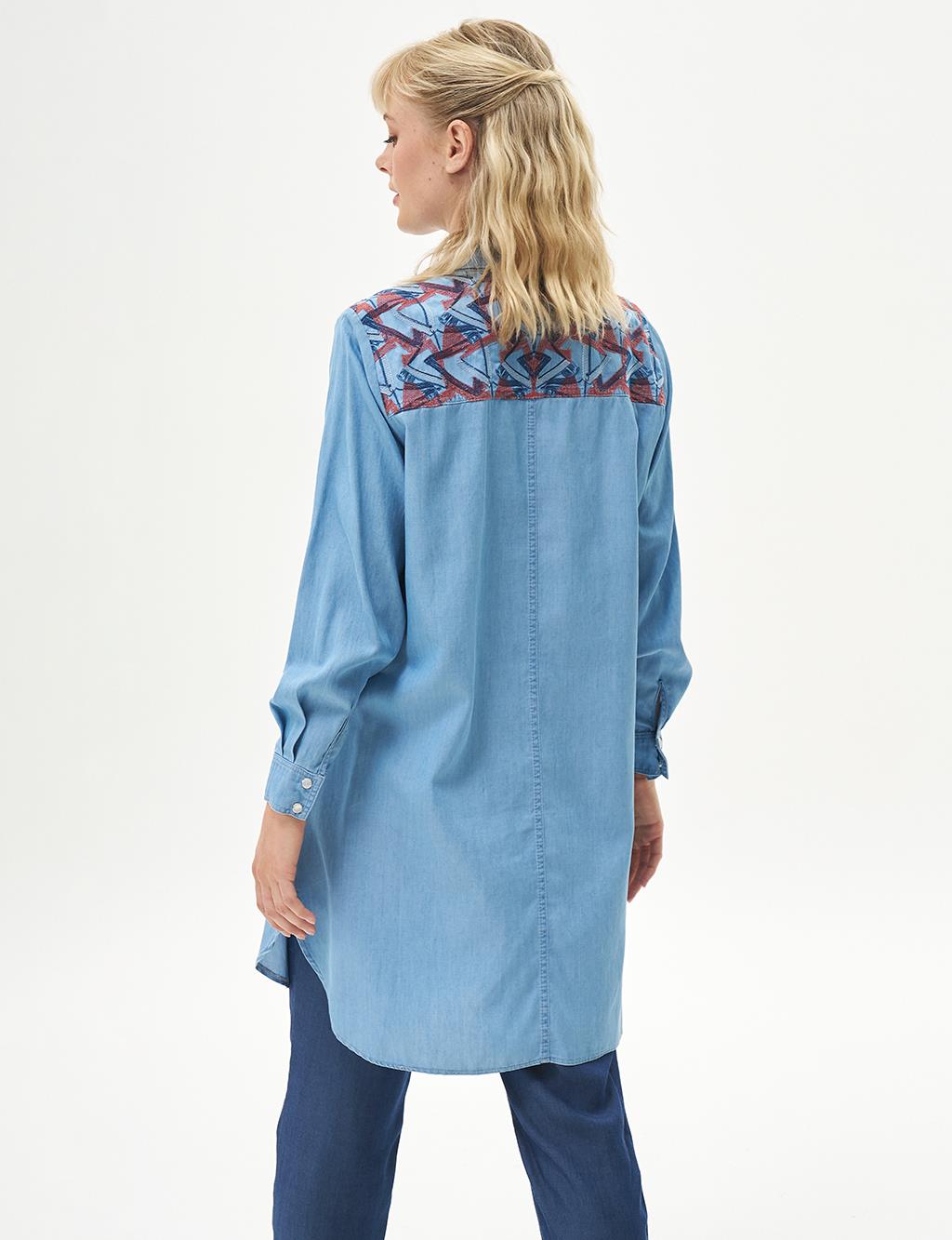 Embroidered Back Lyocell Tunic Blue