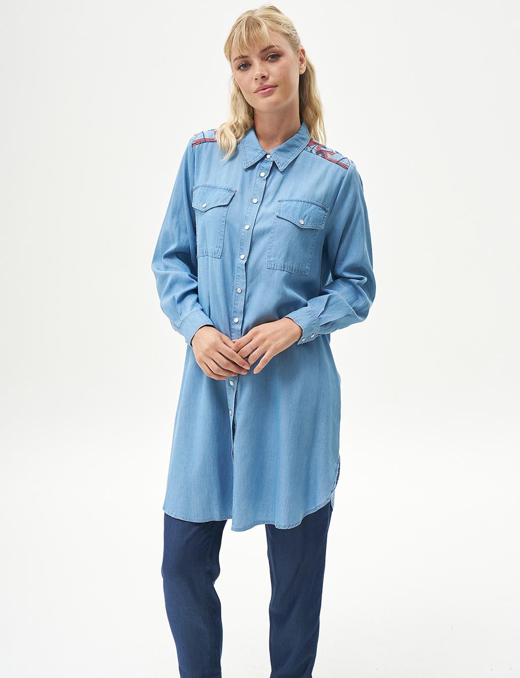 Embroidered Back Lyocell Tunic Blue