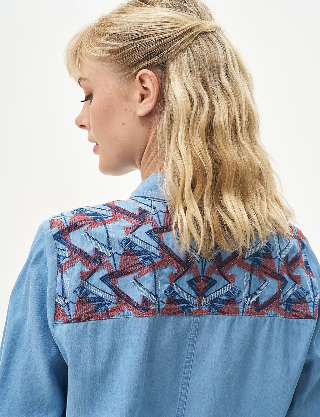 Embroidered Back Lyocell Tunic Blue