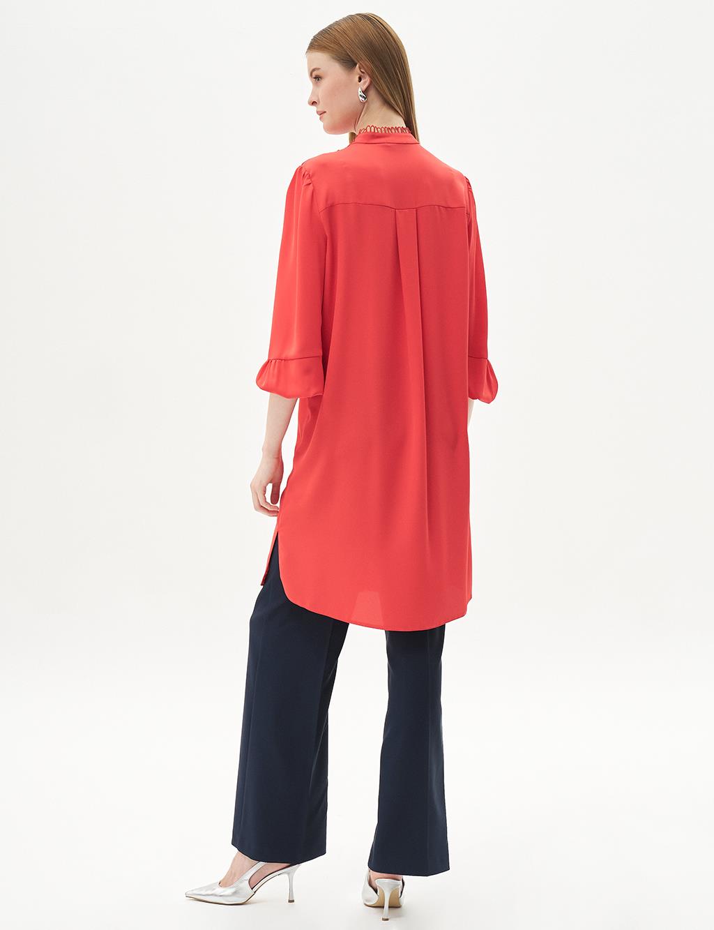 Ribbed Balloon Sleeve Tunic Red