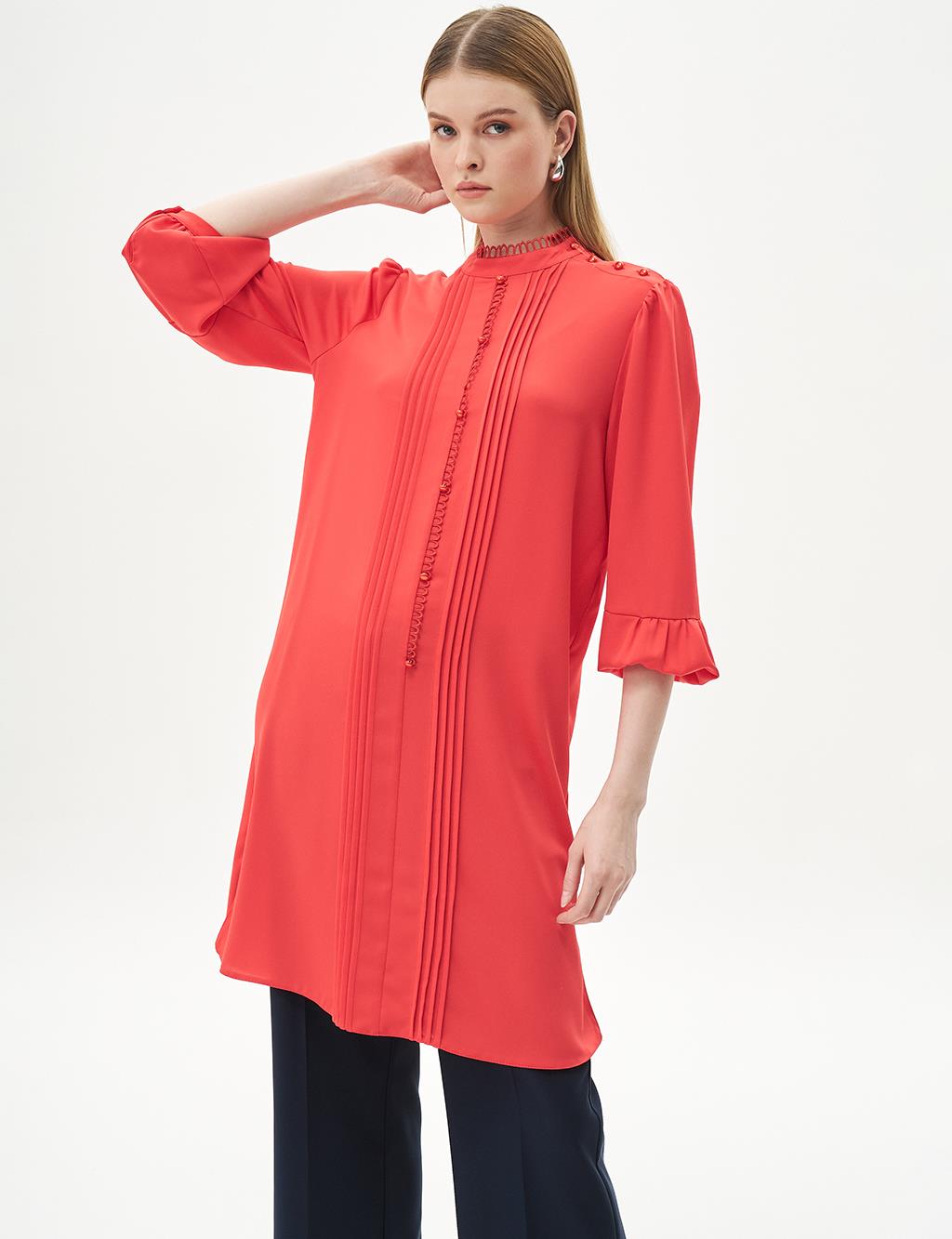 Ribbed Balloon Sleeve Tunic Red