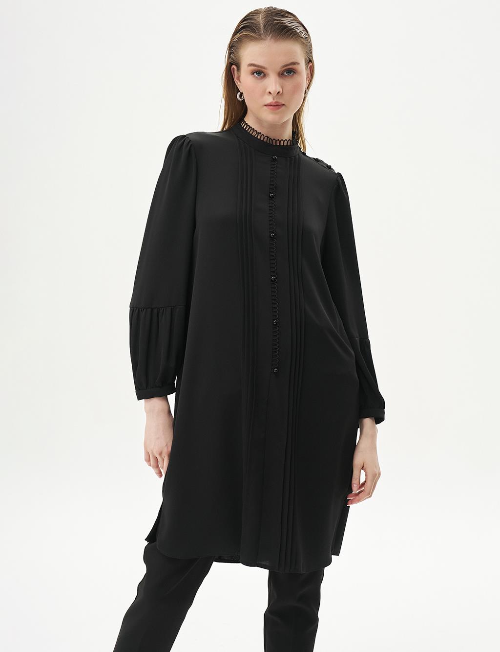 Ribbed Balloon Sleeve Tunic Black