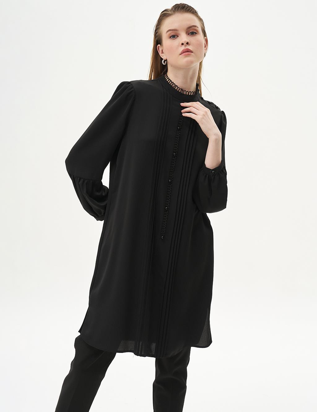 Ribbed Balloon Sleeve Tunic Black