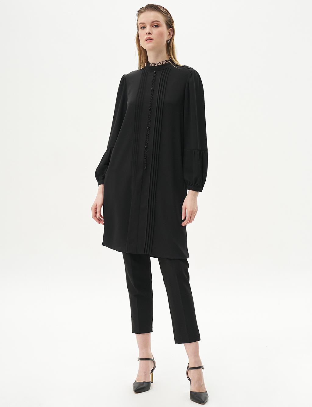 Ribbed Balloon Sleeve Tunic Black