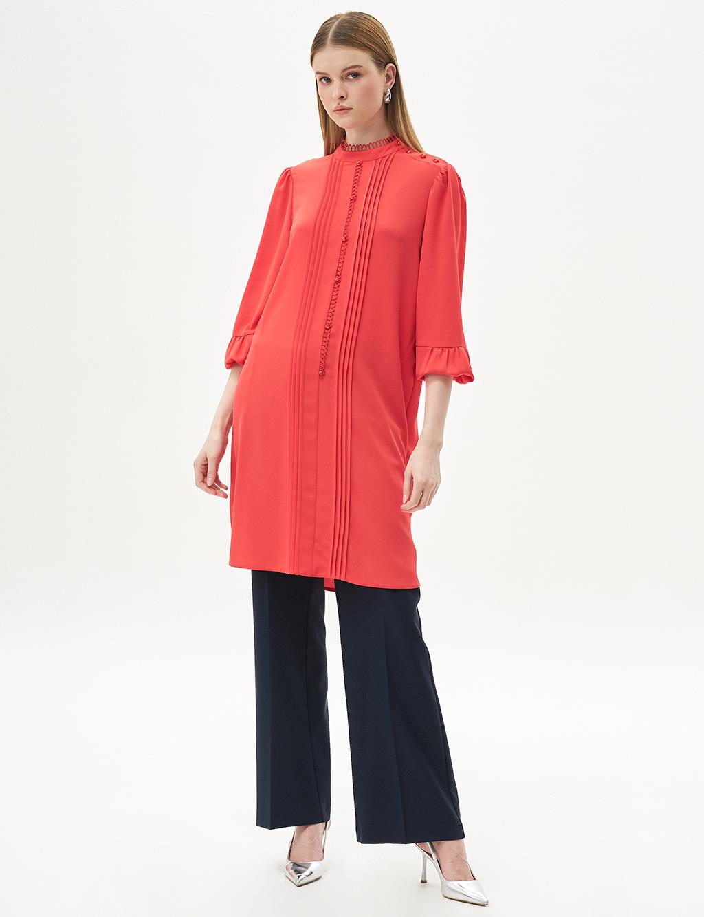 Ribbed Balloon Sleeve Tunic Red