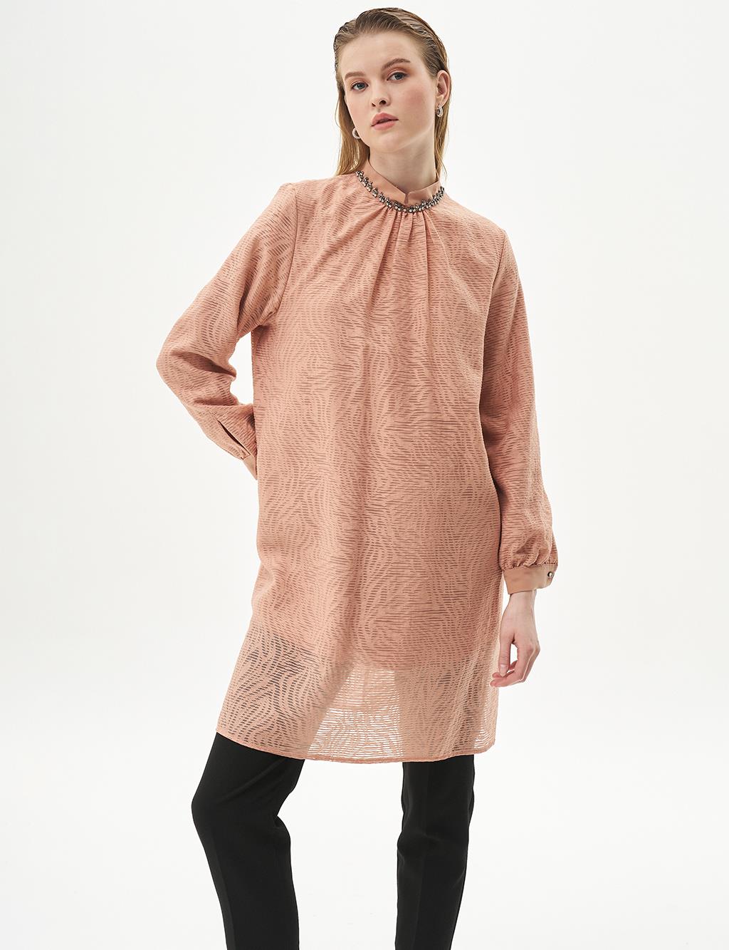 Abstract Pattern Stone Embroidered High Collar Tunic Mushroom