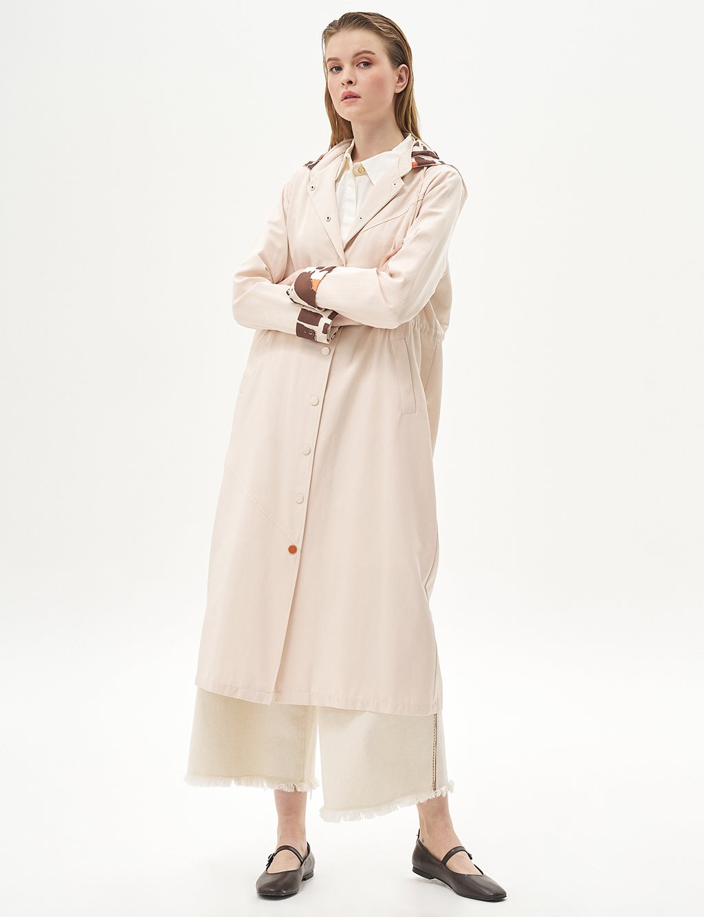 Fabric Mixed Snap Closure Coat Light Cream